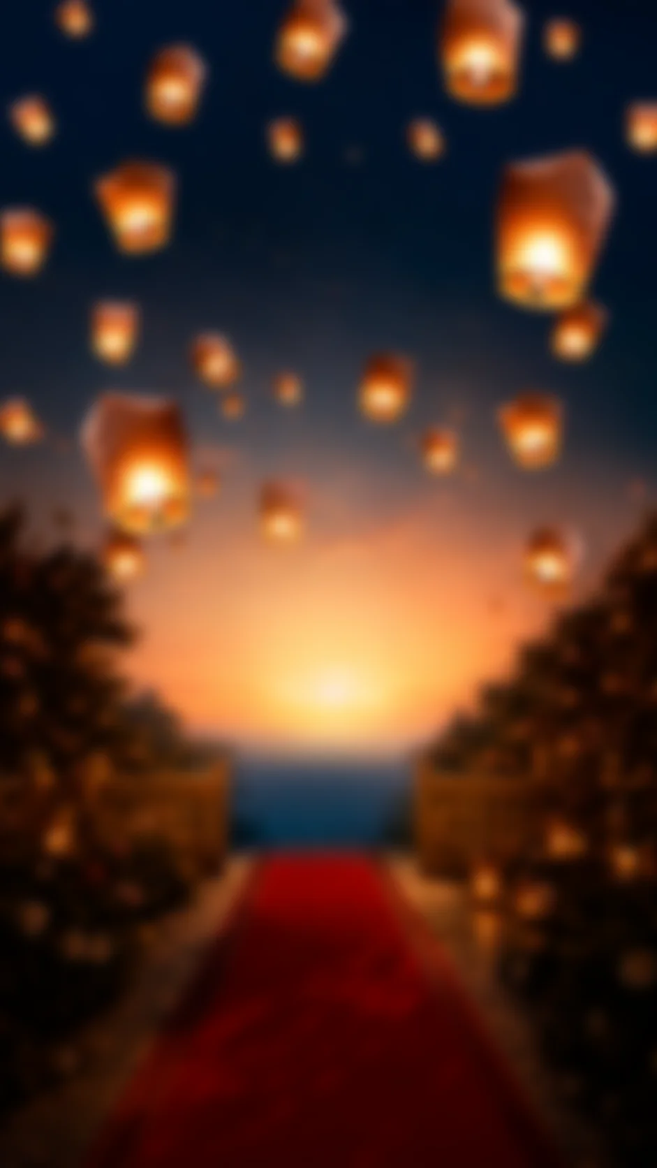 Sky lanterns rising over a candle-lit aisle